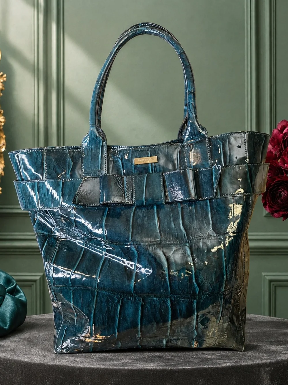 Kate Spade Knightsbridge Elena Teal Patent Croc Bow Tote